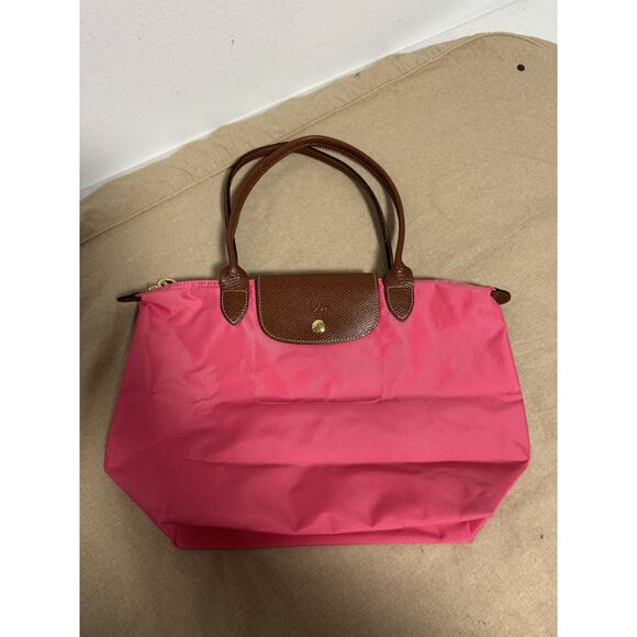 Longchamp Handbags - Longchamp Le Pliage Tote Bag Womens Pink Nylon Brown Leather Made in France